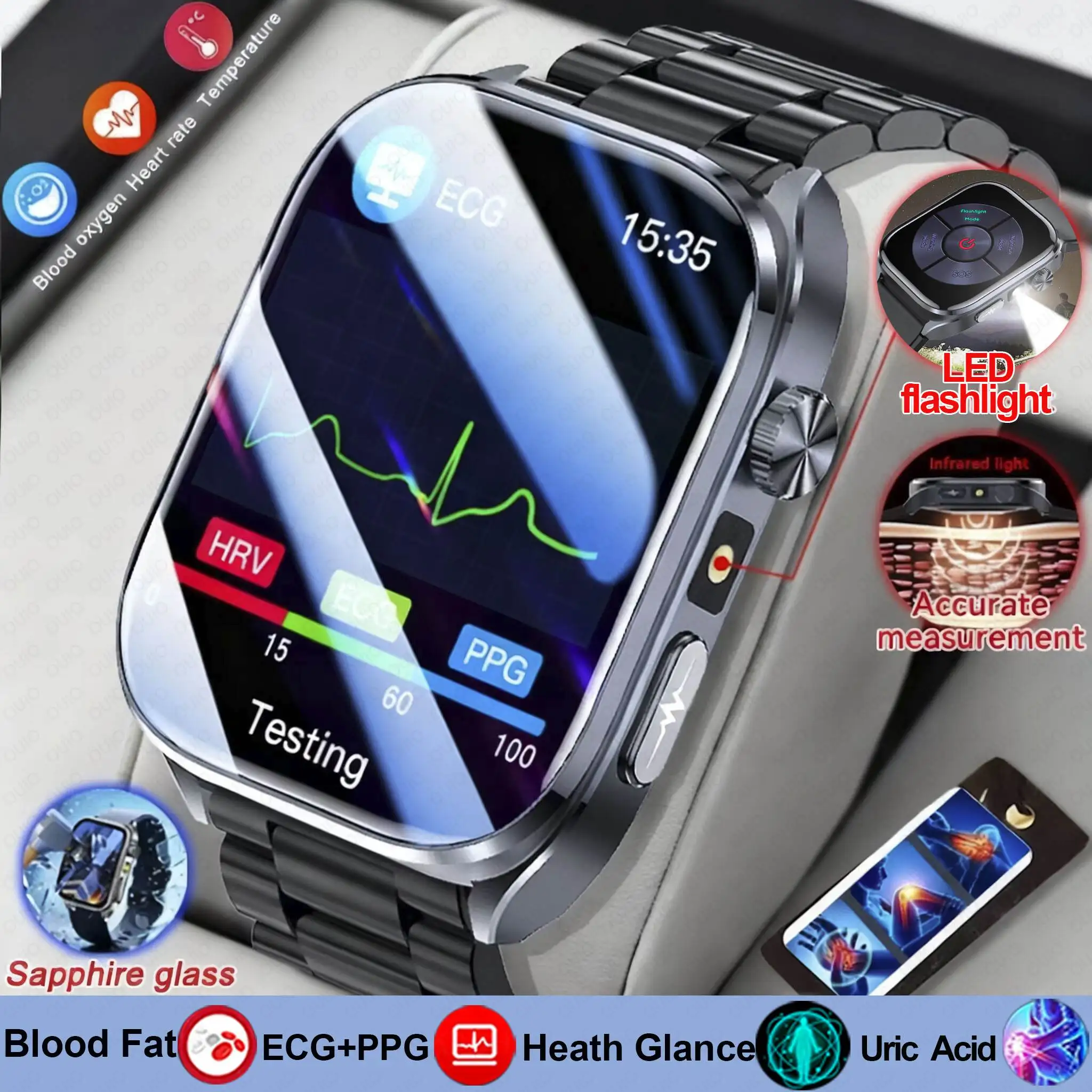 2025 Smart Watch Men Body Composition Analysis ECG Heart Rate Blood Pressure Uric Acid Health Tracker LED Flashlight Smart watch
2025 Smart Watch Men Body Composition Analysis ECG Heart Rate Blood Pressure Uric Acid Health Tracker LED Flashlight Smart watch