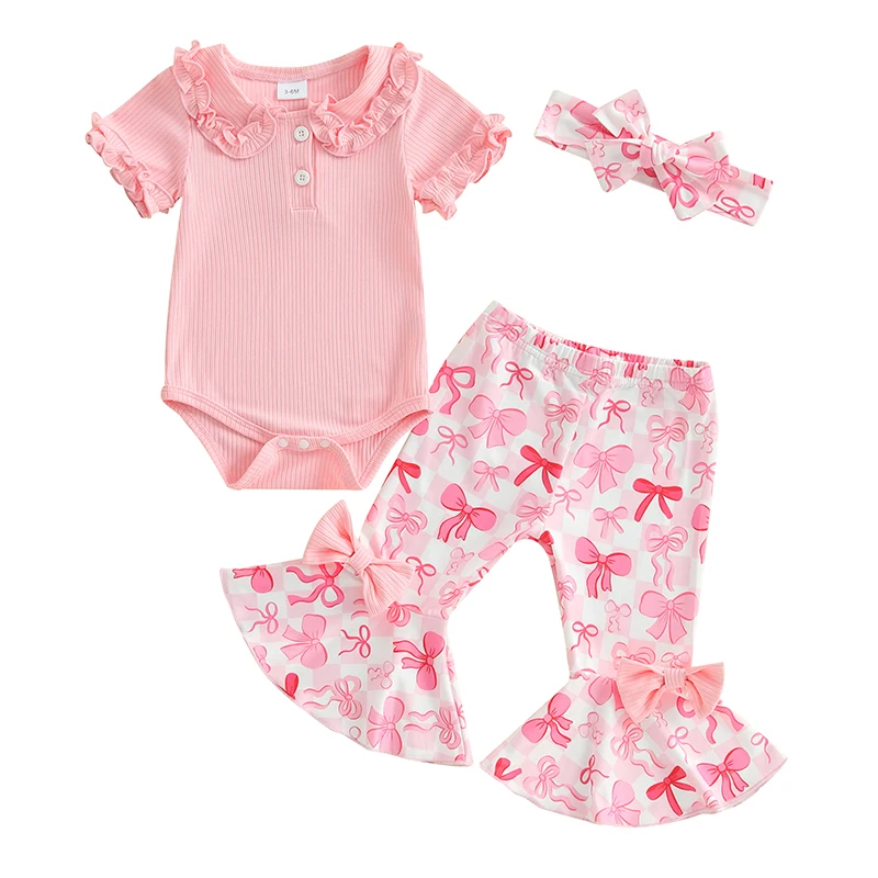 0-18M Newborn Baby Girls 3Pcs Pants Sets Short Sleeve Doll Collar Romper Bow Print Flared Pants Headband Sets
0-18M Newborn Baby Girls 3Pcs Pants Sets Short Sleeve Doll Collar Romper Bow Print Flared Pants Headband Sets