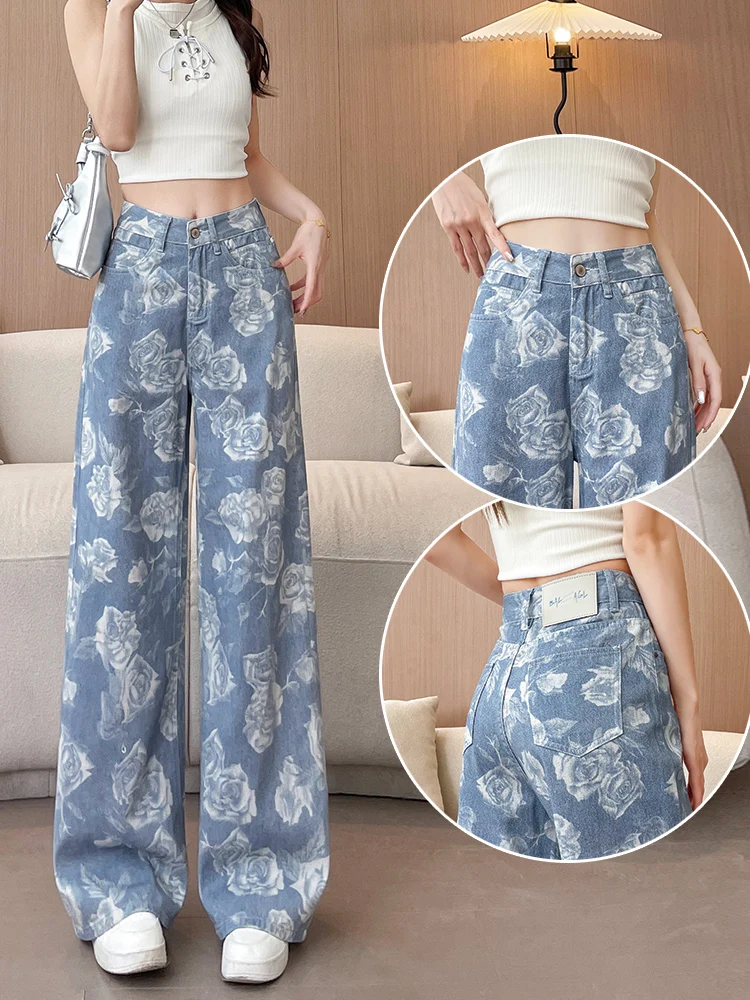 Trendy Floral Print Wide Leg Jeans Women's Spring Summer Autumn High Waist Casual Loose Fit Straight Cut Blue Denim Pants
Trendy Floral Print Wide Leg Jeans Women's Spring Summer Autumn High Waist Casual Loose Fit Straight Cut Blue Denim Pants
