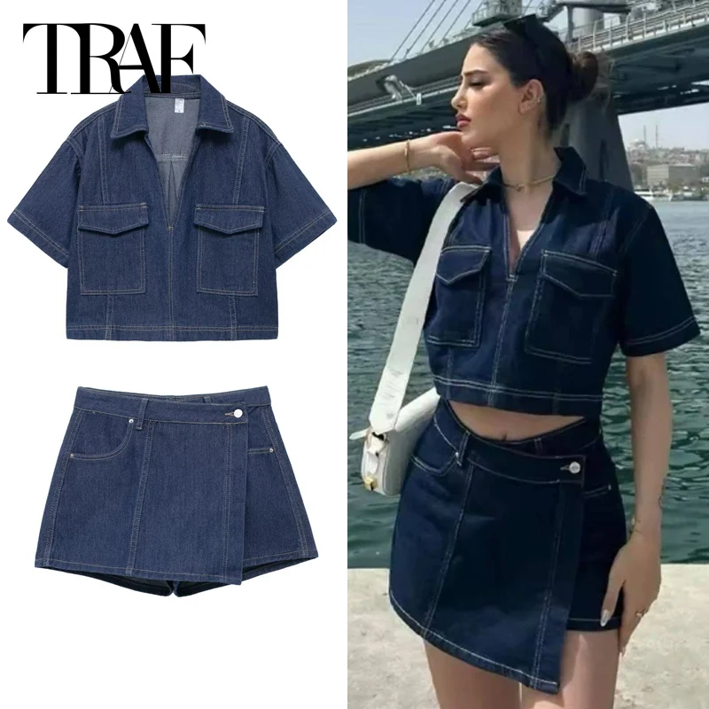 TRAF Women's Two Pieces Set Blue Denim Skirt Set Short Sleeve Top Sets Womens 2 Piece Elegant Asymmetric High Waist Skirt Sets
TRAF Women's Two Pieces Set Blue Denim Skirt Set Short Sleeve Top Sets Womens 2 Piece Elegant Asymmetric High Waist Skirt Sets