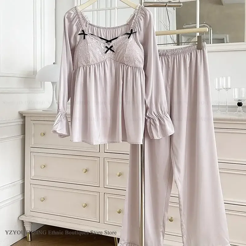 French Women's Pajamas Set Loungewear Sweet Silky Satin Sleepwear Trouser Suits Spring Palace Style Pyjama Pour Femme Homewear
French Women's Pajamas Set Loungewear Sweet Silky Satin Sleepwear Trouser Suits Spring Palace Style Pyjama Pour Femme Homewear