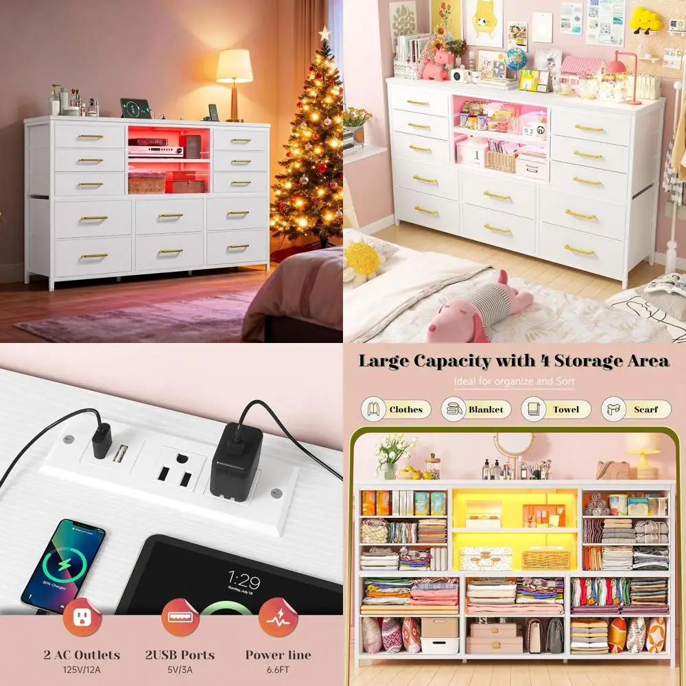 12-Drawer Dresser with LED Lights, Charging Station, TV Stand, 55-60 TV, Fabric Drawers, Chests with Wooden Shelves, Hallway Sto
12-Drawer Dresser with LED Lights, Charging Station, TV Stand, 55-60 TV, Fabric Drawers, Chests with Wooden Shelves, Hallway Sto