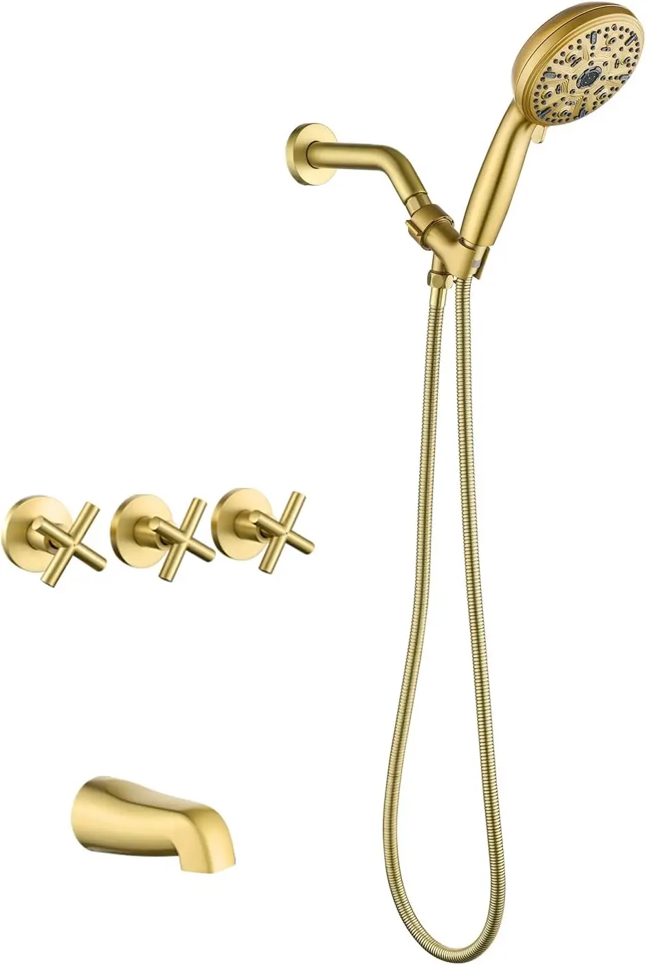 3-Handle Tub Shower Faucet Set with 10-Spray Handheld, Brushed Gold Wall-Mounted Shower System
3-Handle Tub Shower Faucet Set with 10-Spray Handheld, Brushed Gold Wall-Mounted Shower System