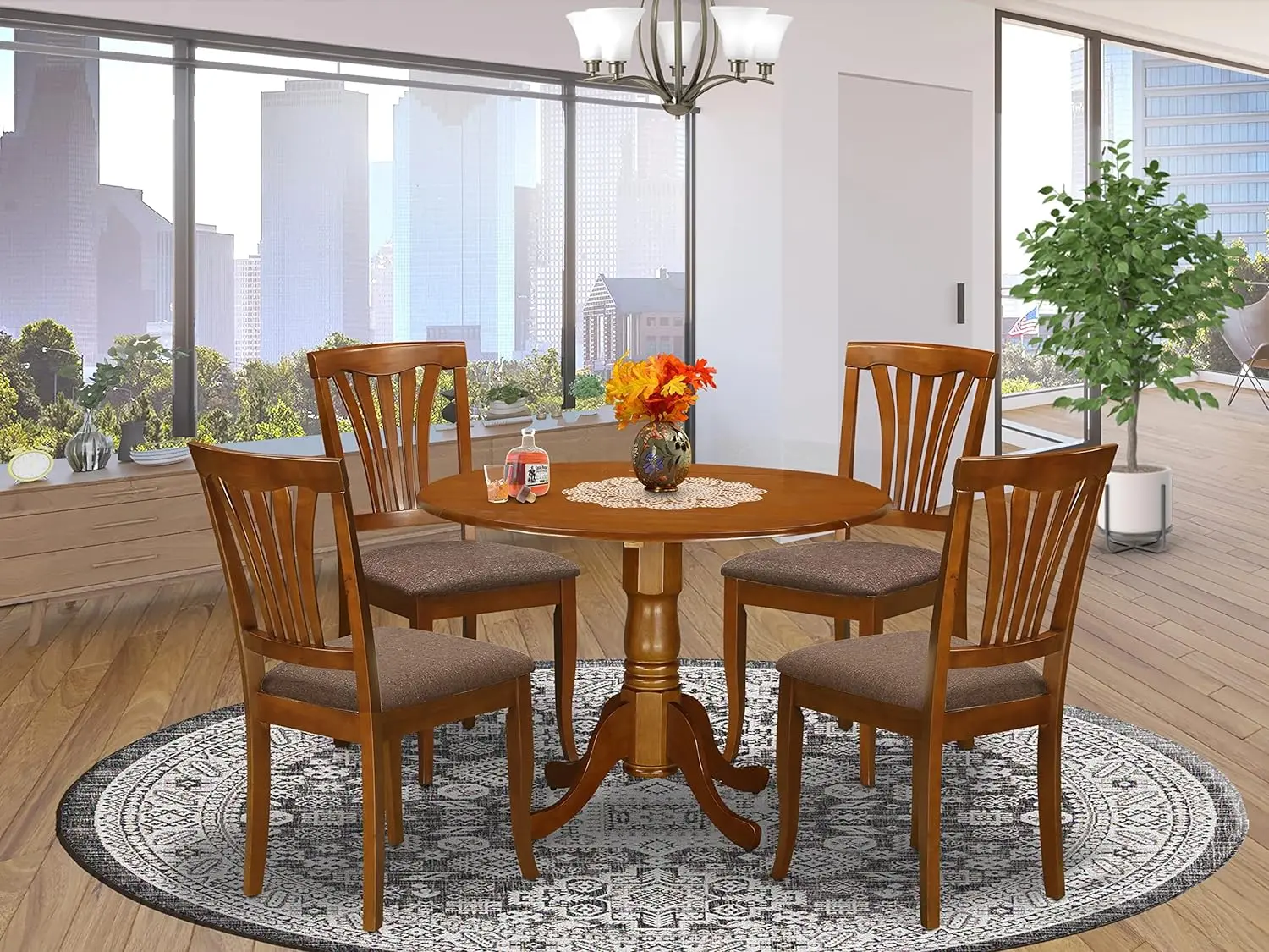 DLAV5-SBR-C 5 Piece Dinette Set for 4 Includes a Round Dining Table with Dropleaf and 4 Linen Fabric Dining Room Chairs,
DLAV5-SBR-C 5 Piece Dinette Set for 4 Includes a Round Dining Table with Dropleaf and 4 Linen Fabric Dining Room Chairs,