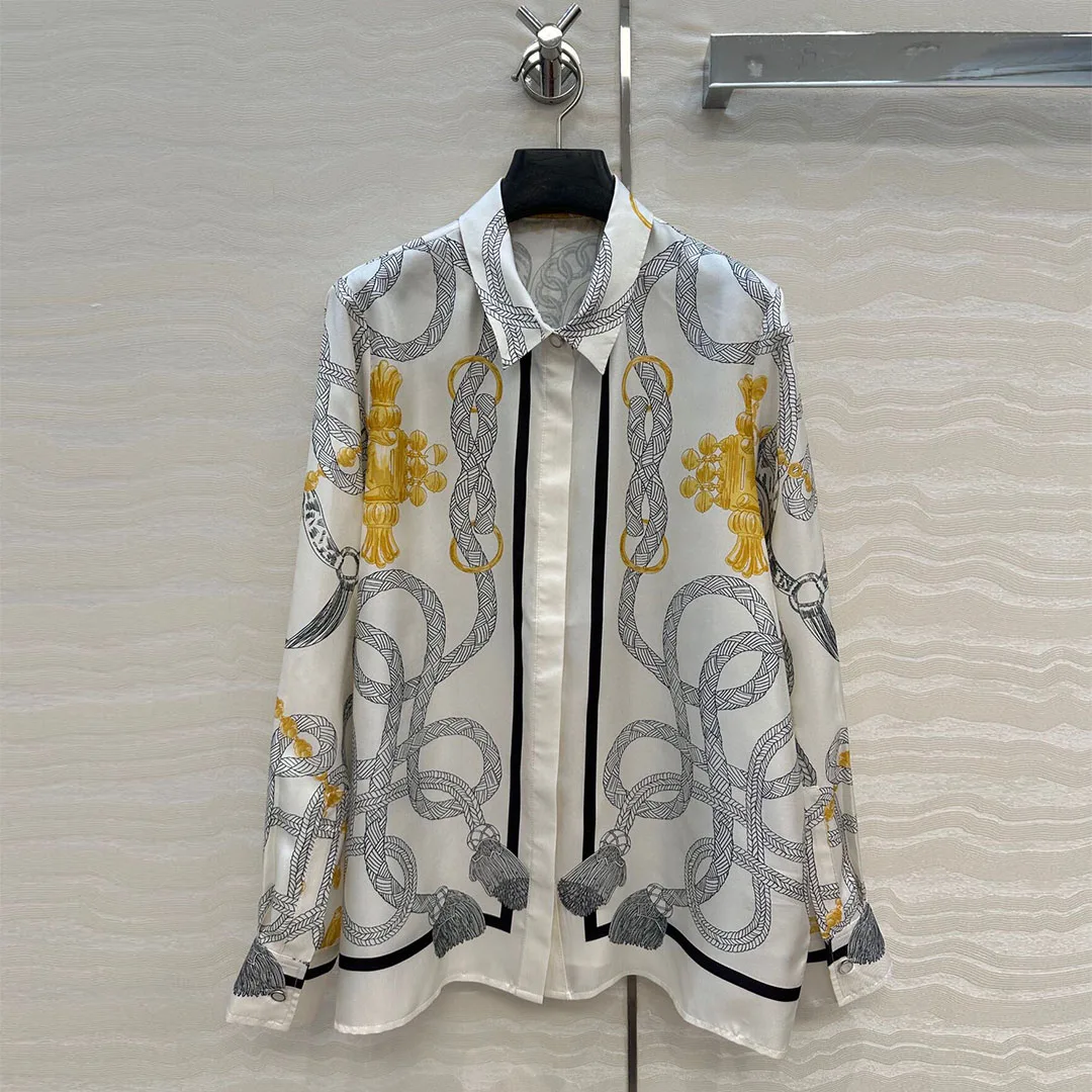 2025 New Spring Autumn Vintage 100% Silk Shirt Women Lapel Long Sleeve Chain Tassel Print High Quality Casual Loose Blouse
2025 New Spring Autumn Vintage 100% Silk Shirt Women Lapel Long Sleeve Chain Tassel Print High Quality Casual Loose Blouse