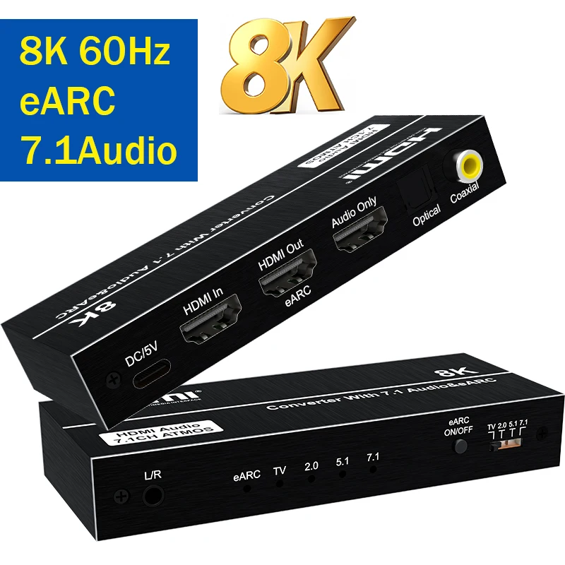 8K 60Hz eARC Audio Extractor HDMI Audio Optical Toslink SPDIF + Coaxial Converter Support 7.1Ch VRR for PS5 XBox DVD TV Soundbar
8K 60Hz eARC Audio Extractor HDMI Audio Optical Toslink SPDIF + Coaxial Converter Support 7.1Ch VRR for PS5 XBox DVD TV Soundbar