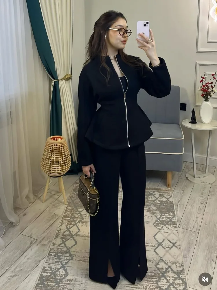 Lady Stand Collar Coat Trousers 2 Piece Set Long Sleeve Lace Up Waist Cinching Jacket Leg Slit Pants Sets Spring Casual Outfits
Lady Stand Collar Coat Trousers 2 Piece Set Long Sleeve Lace Up Waist Cinching Jacket Leg Slit Pants Sets Spring Casual Outfits