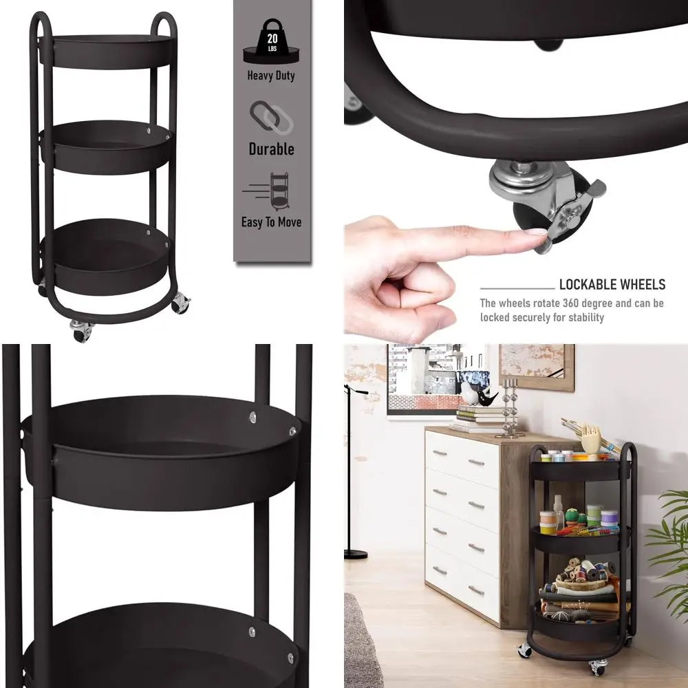 Heavy Duty 3-Tier Metal Utility Cart with Lockable Swivel Casters, 60 lb Capacity, 15 Diameter, Charcoal Black
Heavy Duty 3-Tier Metal Utility Cart with Lockable Swivel Casters, 60 lb Capacity, 15 Diameter, Charcoal Black