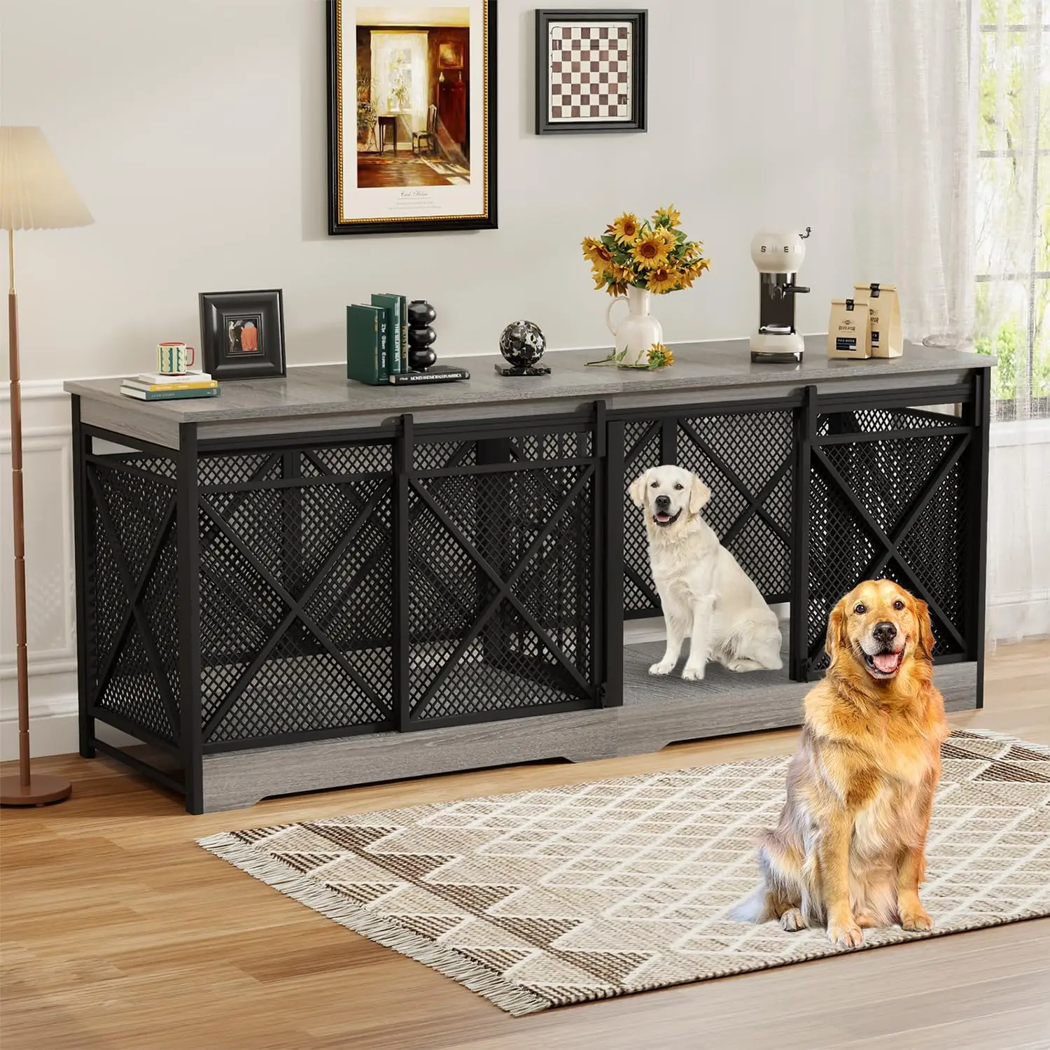 Double Dog Crate with Divider, Heavy-Duty Indoor Kennel for 2 Dogs, Chew-Resistant Steel & Wood Table Design (Gray)
Double Dog Crate with Divider, Heavy-Duty Indoor Kennel for 2 Dogs, Chew-Resistant Steel & Wood Table Design (Gray)