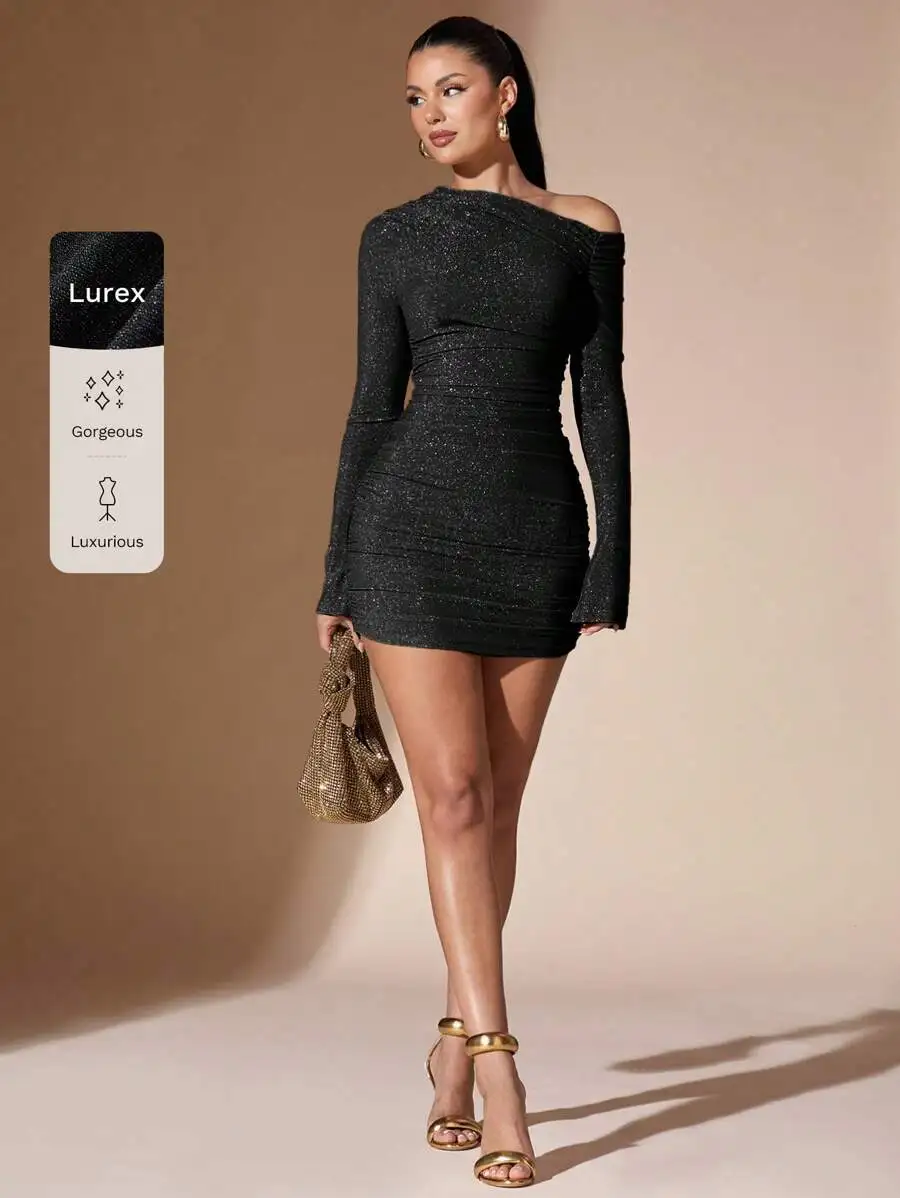 Black Glitter Off Shoulder Long Sleeve Ruched Mini Dress for Evening Parties
Black Glitter Off Shoulder Long Sleeve Ruched Mini Dress for Evening Parties