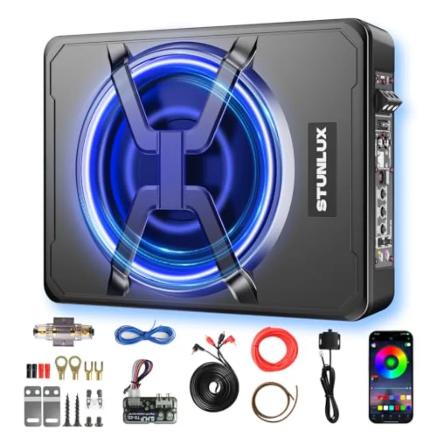 Under seat car subwoofer for vehicles, aluminum alloy, black, 10-inch 800W powered with built-in amp and APP-controlled LED lig
Under seat car subwoofer for vehicles, aluminum alloy, black, 10-inch 800W powered with built-in amp and APP-controlled LED lig