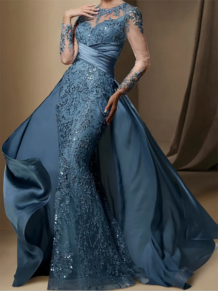 Elegant Formal Evening Dresses Mermaid Sweep Train Satin Long Sleeve Lace Sequins Ruched Customed
Elegant Formal Evening Dresses Mermaid Sweep Train Satin Long Sleeve Lace Sequins Ruched Customed