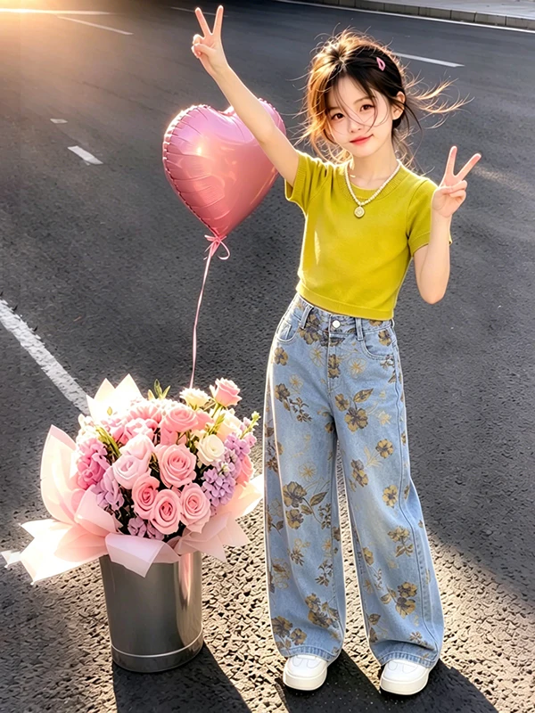 Girls Summer Fashion Trendy Floral Denim Wide Leg Pants Short Sleeve Casual Two Piece Set High Waist Long Pants round Neck
Girls Summer Fashion Trendy Floral Denim Wide Leg Pants Short Sleeve Casual Two Piece Set High Waist Long Pants round Neck