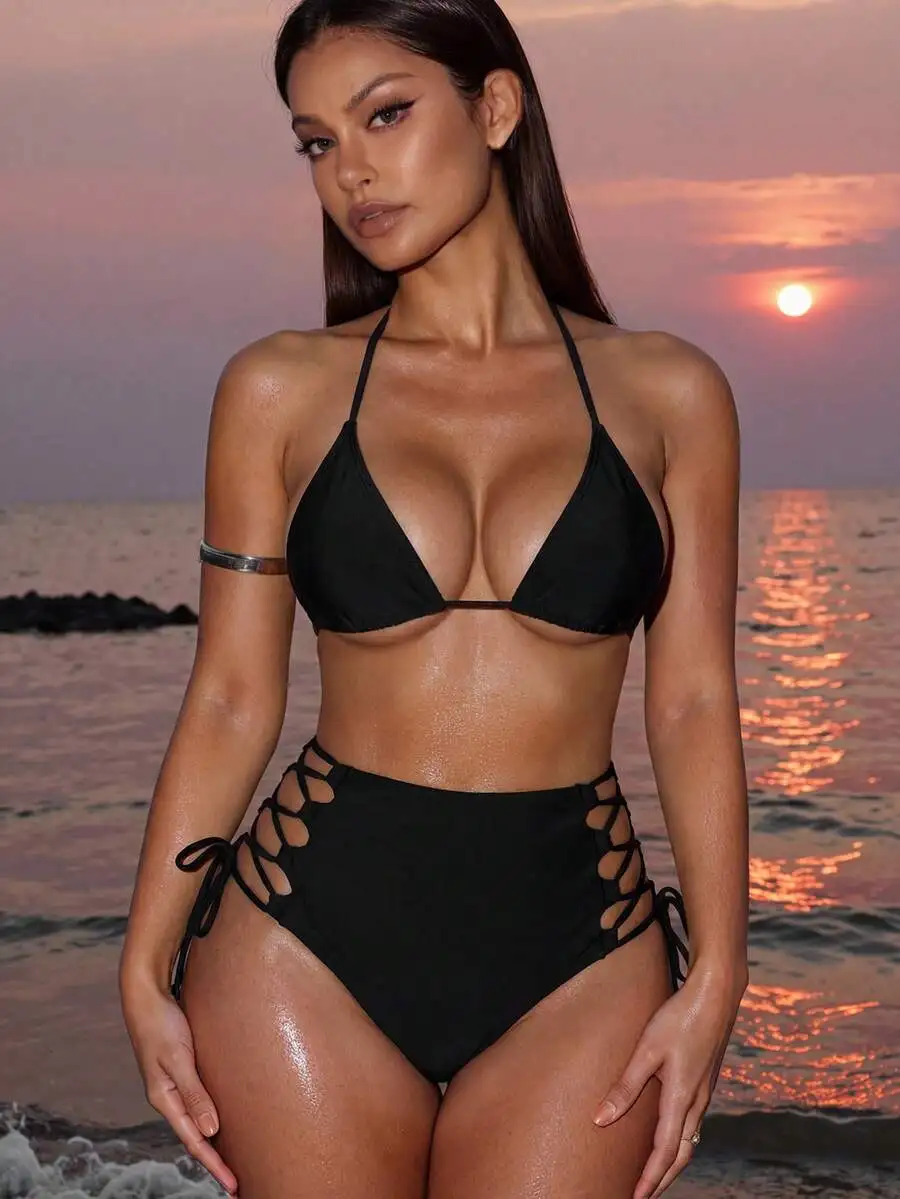 Black Lace Up Side High Waisted Triangle Bikini Set
Black Lace Up Side High Waisted Triangle Bikini Set