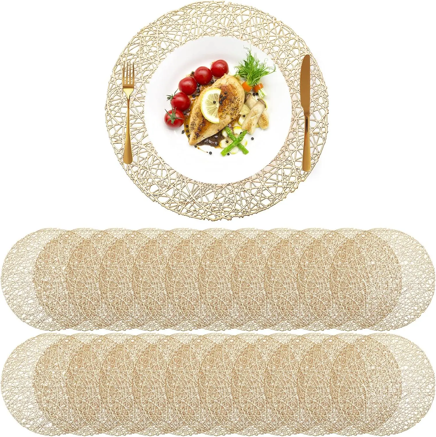 48 Gold Round Placemats 15 Inch Hollow Out Vinyl Heat Resistant Woven for Christmas Dinner Table Decor
48 Gold Round Placemats 15 Inch Hollow Out Vinyl Heat Resistant Woven for Christmas Dinner Table Decor