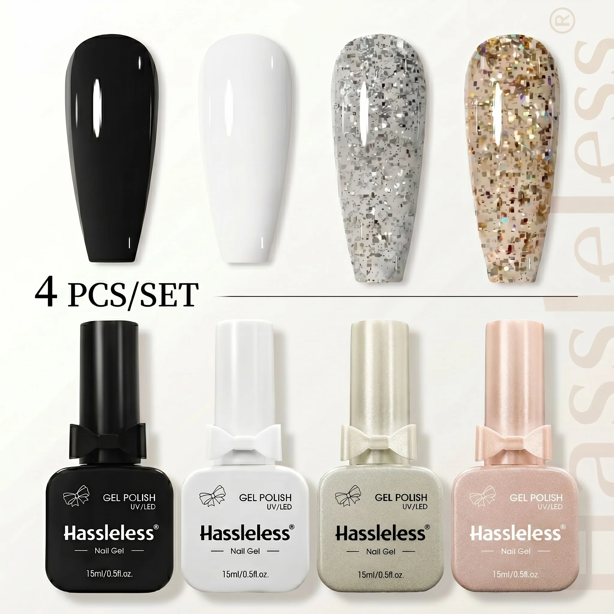 Hassleless 4-Piece Solid Color Gel Nail Polish Set, Bow Glass Bottle, Semi-Permanent LED Dip Nail Polish Set - DIY Nail Polish,
Hassleless 4-Piece Solid Color Gel Nail Polish Set, Bow Glass Bottle, Semi-Permanent LED Dip Nail Polish Set - DIY Nail Polish,