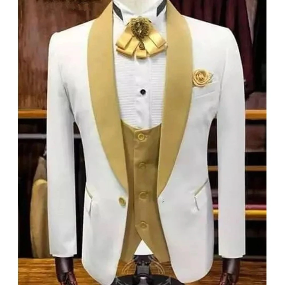 White Wedding Suits For Groom With Gold Shawl Lapel 3 Piece Custom Slim Fit Men Suits Set Jacket Vest Pant
White Wedding Suits For Groom With Gold Shawl Lapel 3 Piece Custom Slim Fit Men Suits Set Jacket Vest Pant
