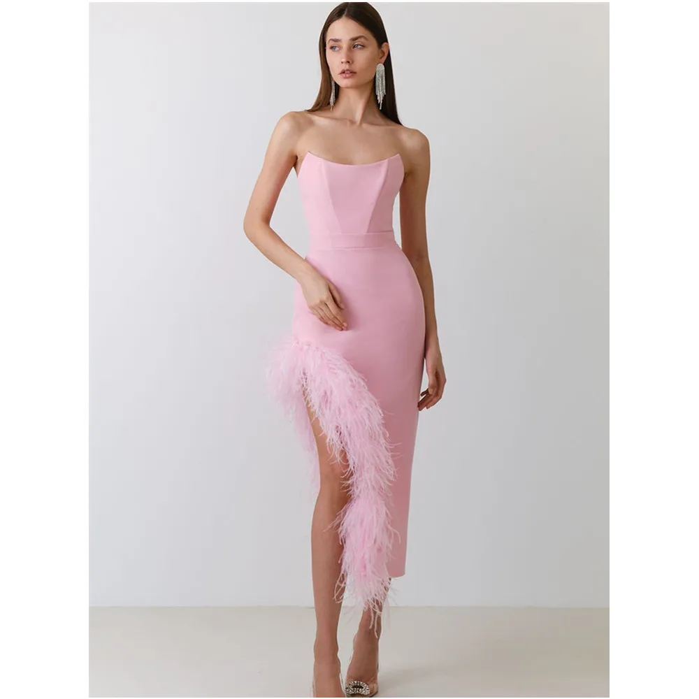 New Pink Bandage Dress, Fashionable StrapleSS And Leg ExposEd Feather Party Dress
New Pink Bandage Dress, Fashionable StrapleSS And Leg ExposEd Feather Party Dress