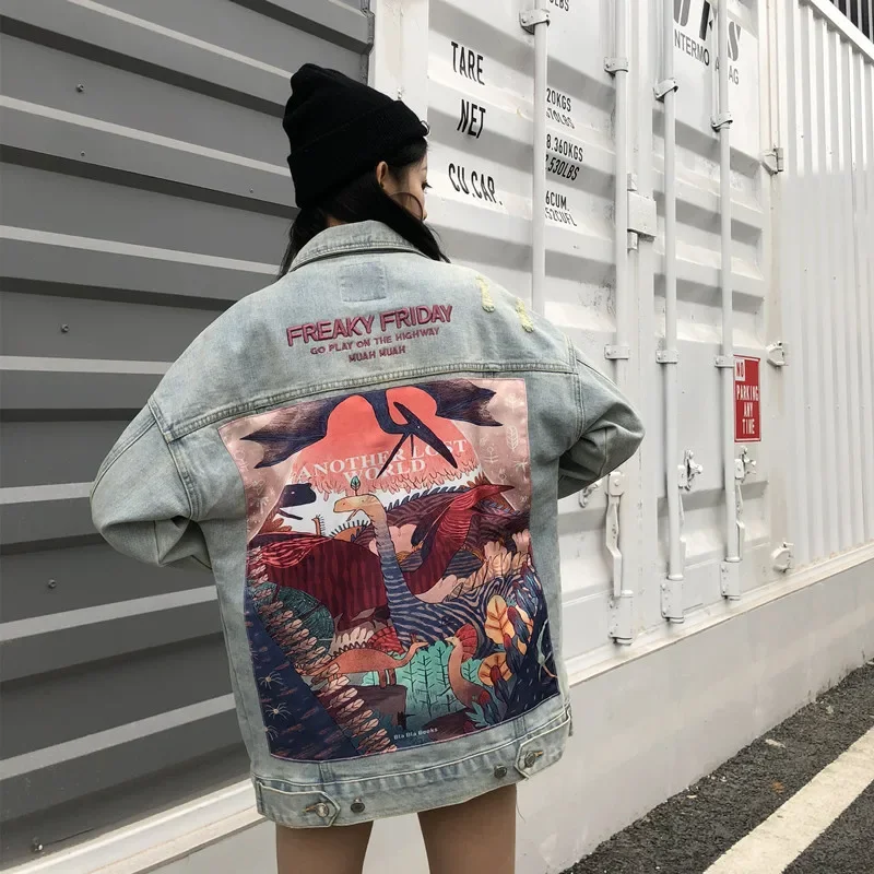 Fashion Holes Dinosaurs Cartoon Print Mid Long Denim Jacket Femme Coat Cowboy Women Vintage Streetwear Style Loose Jeans Jacket
Fashion Holes Dinosaurs Cartoon Print Mid Long Denim Jacket Femme Coat Cowboy Women Vintage Streetwear Style Loose Jeans Jacket