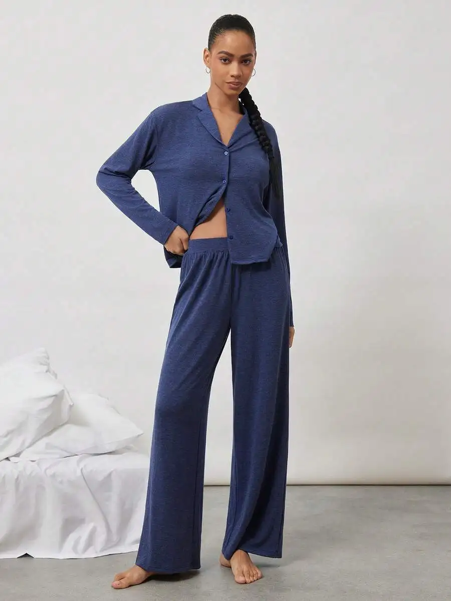 Soft Solid Color Pajama Set With Turn-Down Collar Long Sleeve Top And Wide Leg Pants For Women
Soft Solid Color Pajama Set With Turn-Down Collar Long Sleeve Top And Wide Leg Pants For Women