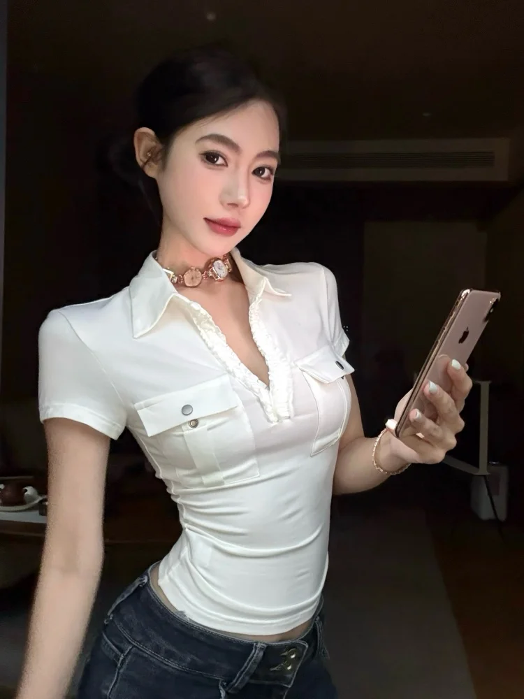 Slim Fit Short Sleeve T-Shirt Women's Summer New Style Sexy Pocket V-Neck Top Korean Style Commute Fashion Pear Body Type
Slim Fit Short Sleeve T-Shirt Women's Summer New Style Sexy Pocket V-Neck Top Korean Style Commute Fashion Pear Body Type