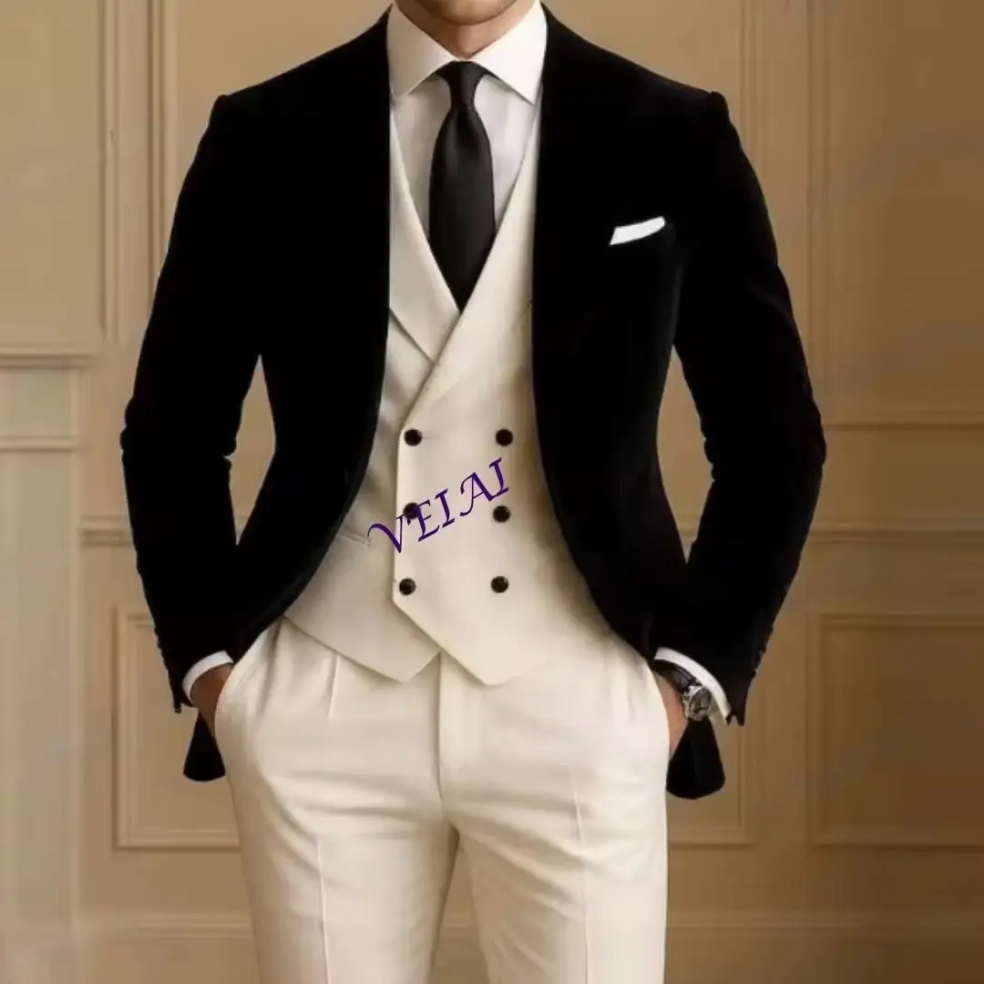 Customized Black Velvet 3 Piece Men's Tuxedo Set White Formal Suit for Groom Groomsman Wedding Party Prom Business Male Blazer
Customized Black Velvet 3 Piece Men's Tuxedo Set White Formal Suit for Groom Groomsman Wedding Party Prom Business Male Blazer