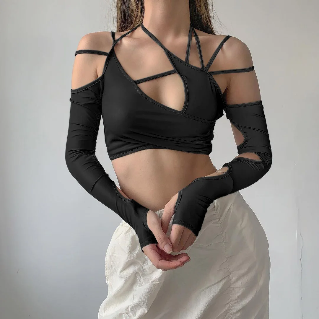 Summer New Sexy Long-Sleeved Hollow Solid Color Suspenders Halter Neck Navel Open Back Sleeve Sleeve Vest Women's Top
Summer New Sexy Long-Sleeved Hollow Solid Color Suspenders Halter Neck Navel Open Back Sleeve Sleeve Vest Women's Top