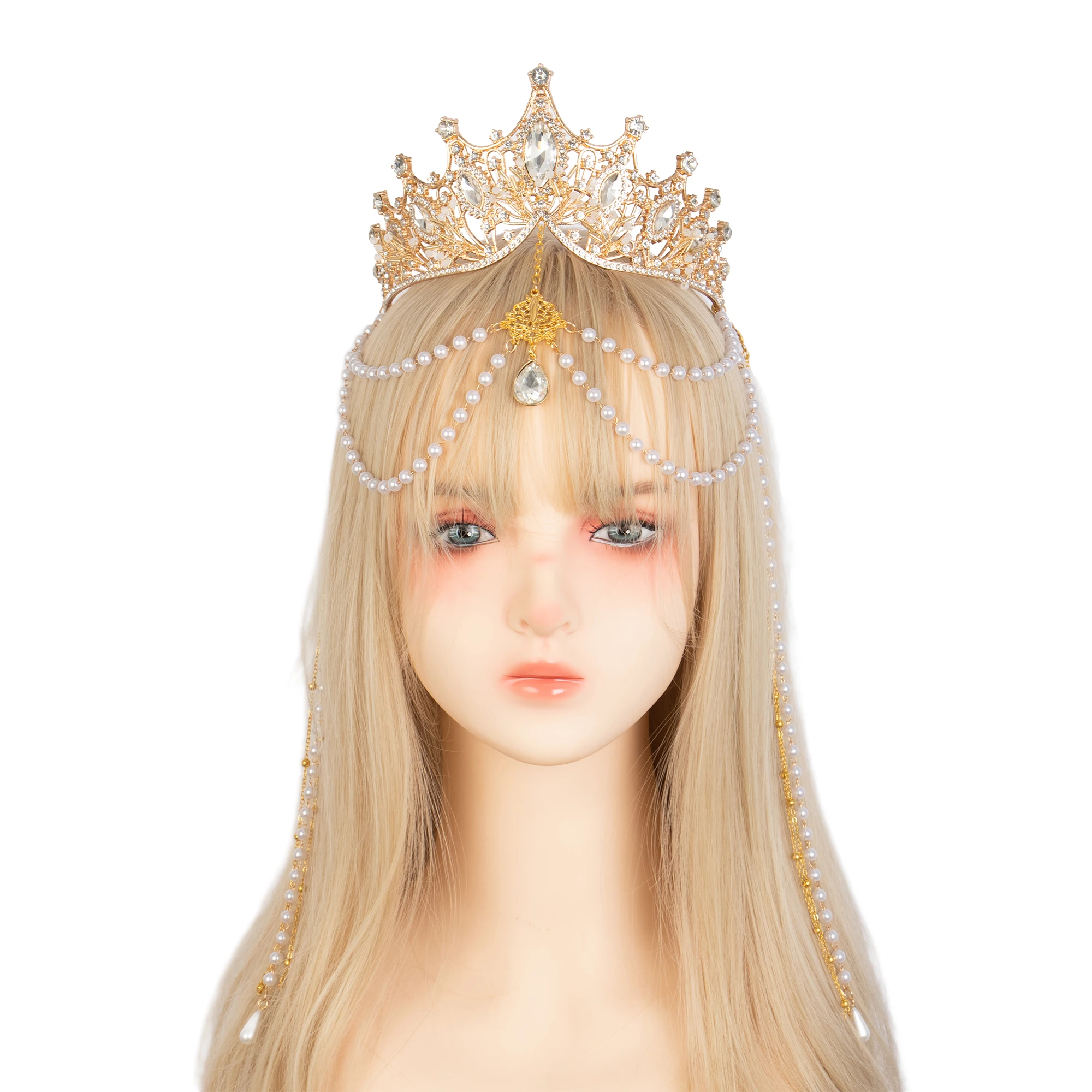 Gold Crown Gothic Headdress Gorgeous Chain Pearl Pendant Lolita Queen Crown Crystal Dance Headpiece Wedding Bride Headband Gift
Gold Crown Gothic Headdress Gorgeous Chain Pearl Pendant Lolita Queen Crown Crystal Dance Headpiece Wedding Bride Headband Gift