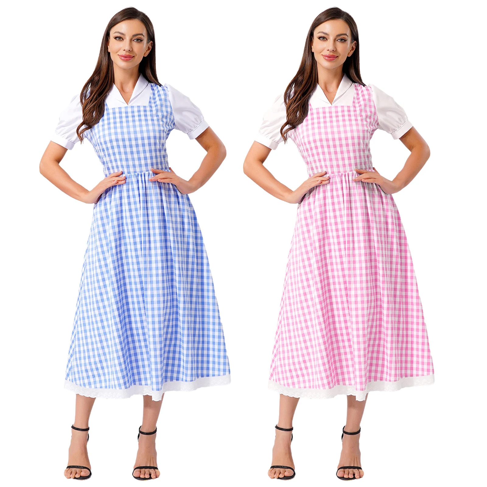 Womens Princess Cosplay Fancy Dress-up Checked Dress Short Sleeve Lace Trim A-line Midi Length Plaid Dress for Halloween
Womens Princess Cosplay Fancy Dress-up Checked Dress Short Sleeve Lace Trim A-line Midi Length Plaid Dress for Halloween