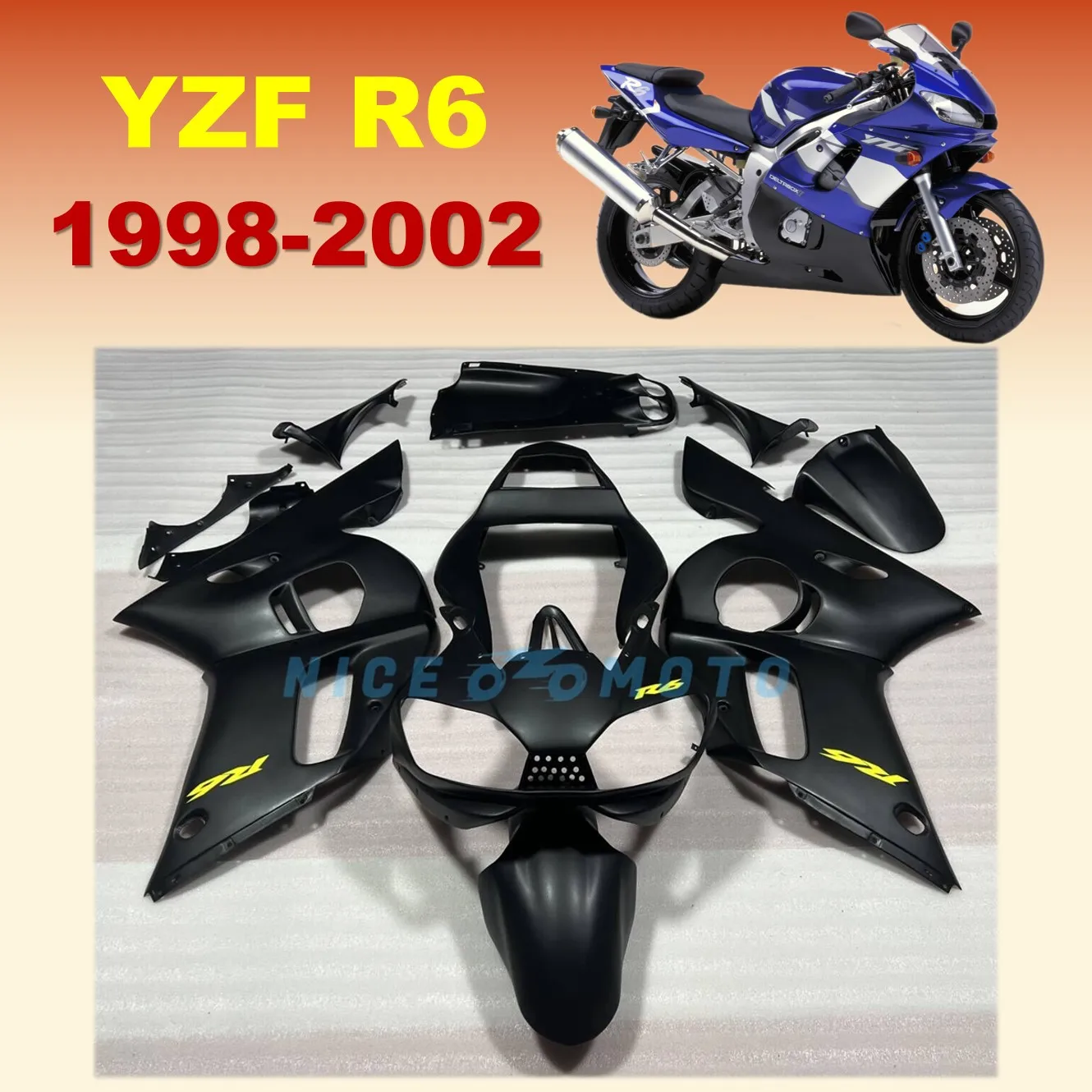 For YAMAHA YZFR6 1998 1999 2000 2001 2002 YZF R6 98-02Motorcycle Fairing Body kit Matte Black Yellow Stickers Housing
For YAMAHA YZFR6 1998 1999 2000 2001 2002 YZF R6 98-02Motorcycle Fairing Body kit Matte Black Yellow Stickers Housing