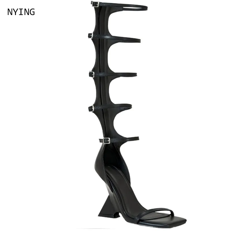 Women Black Leather Multi Buckle Open Toe Block Heel Knee High Gladiator Sandals, Strappy Cage High Heel Boots for Party 43
Women Black Leather Multi Buckle Open Toe Block Heel Knee High Gladiator Sandals, Strappy Cage High Heel Boots for Party 43