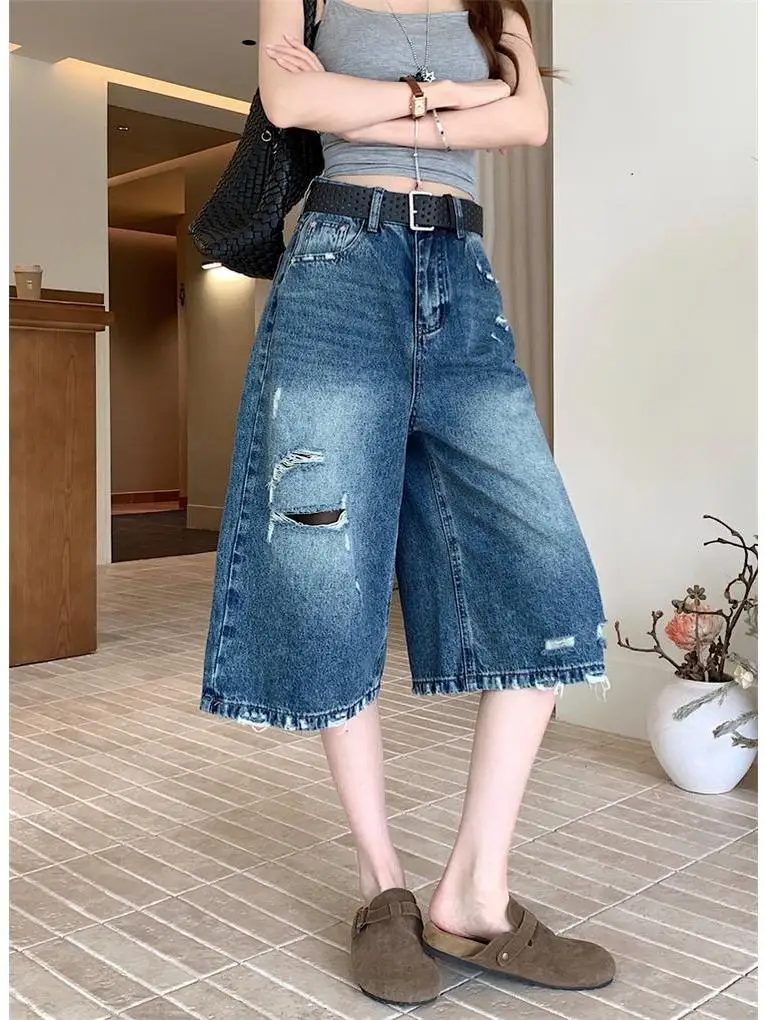American Style Retro Hole Wide Leg Seven-Foot Denim Jeans Women Summer New High Waist Loose Slim Straight Mid-Pants
American Style Retro Hole Wide Leg Seven-Foot Denim Jeans Women Summer New High Waist Loose Slim Straight Mid-Pants