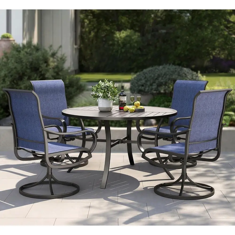 5 Piece Patio Dining Set with 4 Outdoor Swivel Dining Chairs & 1 Large Round Dining Table, All Weather Blue Textilene Mesh abric
5 Piece Patio Dining Set with 4 Outdoor Swivel Dining Chairs & 1 Large Round Dining Table, All Weather Blue Textilene Mesh abric