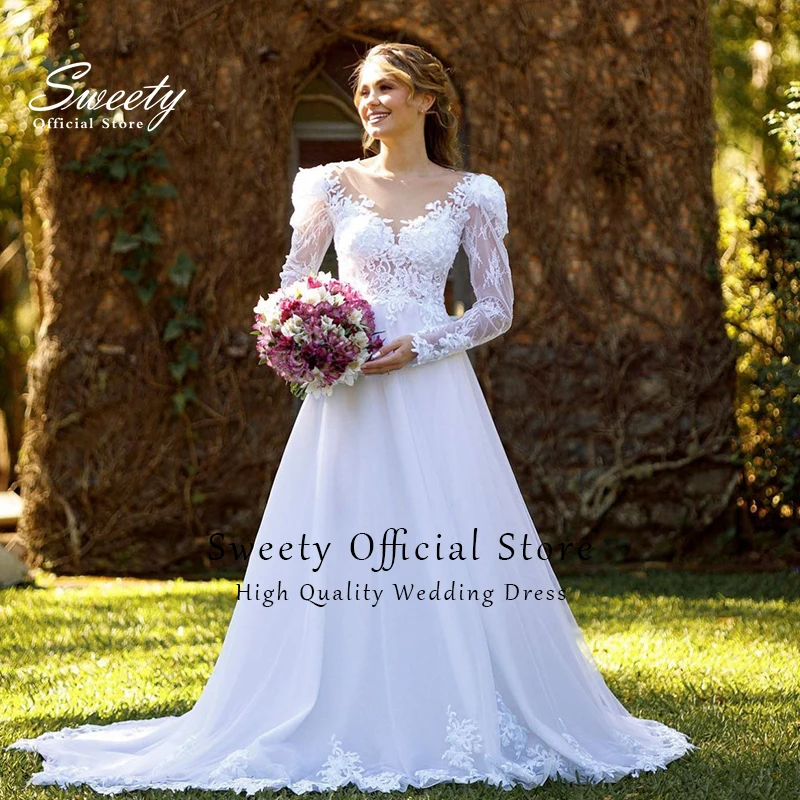 Elegant Wedding Dress Organza With Embroidery Lace A-Line Ball Gown O-Neck Full Sleeve Garden Wedding Button Vestido De Novia
Elegant Wedding Dress Organza With Embroidery Lace A-Line Ball Gown O-Neck Full Sleeve Garden Wedding Button Vestido De Novia