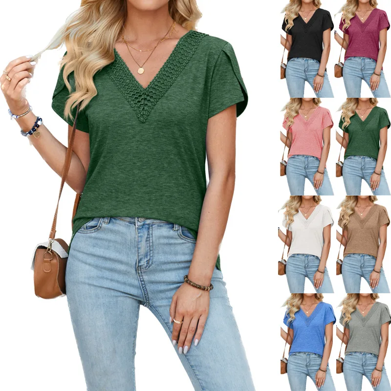 Women's Casual T-shirt Solid Color Patchwork Petal V-neck Tops Loose Fit Short Sleeve Summer Street Female Tees Shirts
Women's Casual T-shirt Solid Color Patchwork Petal V-neck Tops Loose Fit Short Sleeve Summer Street Female Tees Shirts