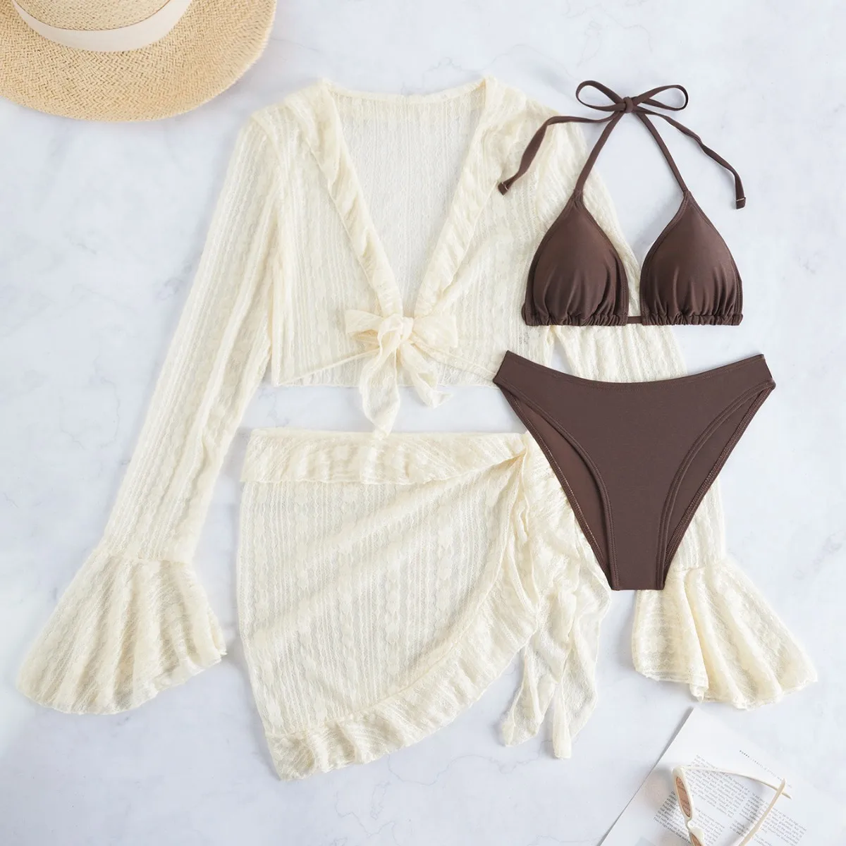 Women 4-Piece Bikini Set with Cover-Up and Skirt Halter Triangle Top High Waist Bottom Swimsuit
Women 4-Piece Bikini Set with Cover-Up and Skirt Halter Triangle Top High Waist Bottom Swimsuit