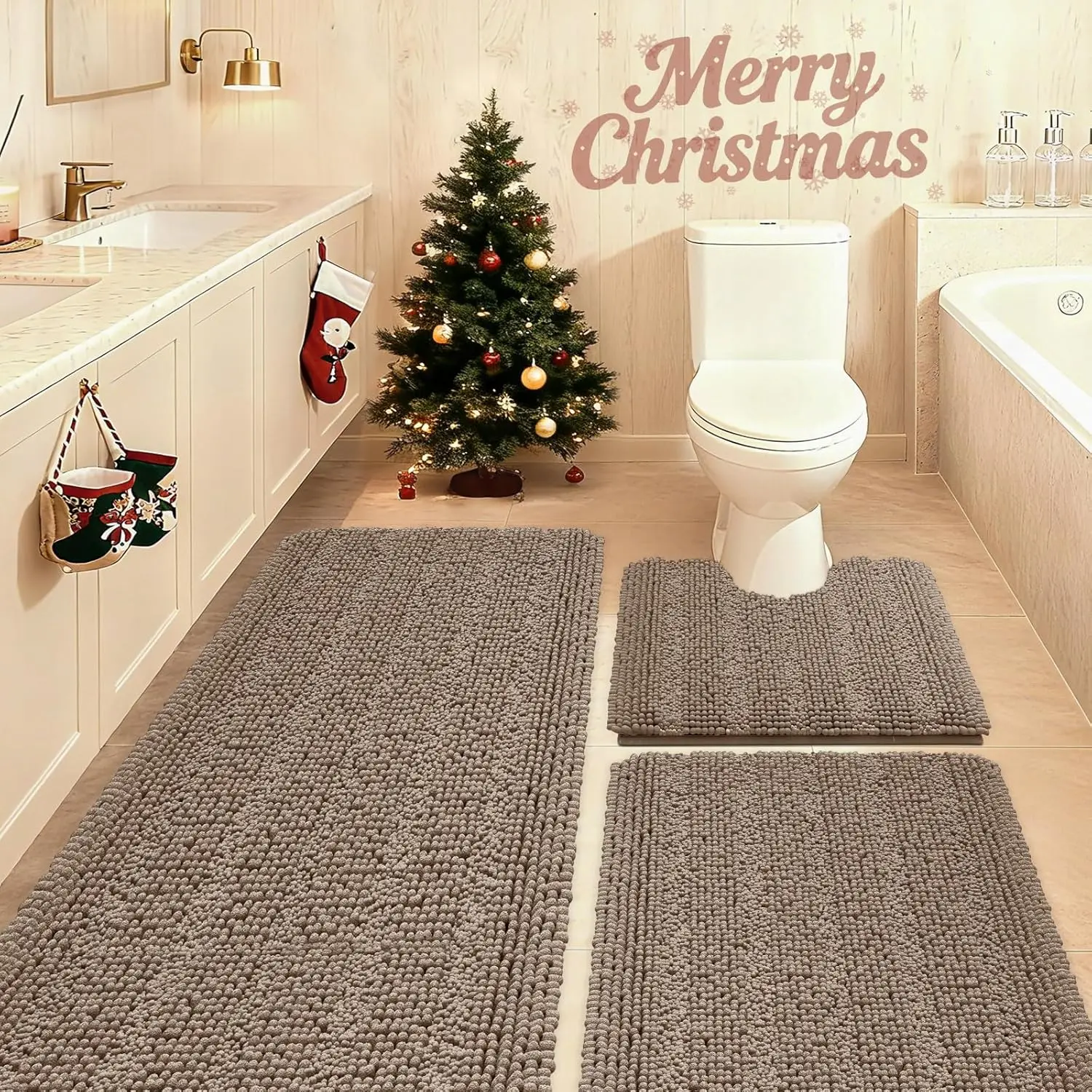 Ultra Soft Chenille Bathroom Rugs Set of 3, Non-Slip Mats for Bathroom and Kitchen in Dark Beige
Ultra Soft Chenille Bathroom Rugs Set of 3, Non-Slip Mats for Bathroom and Kitchen in Dark Beige