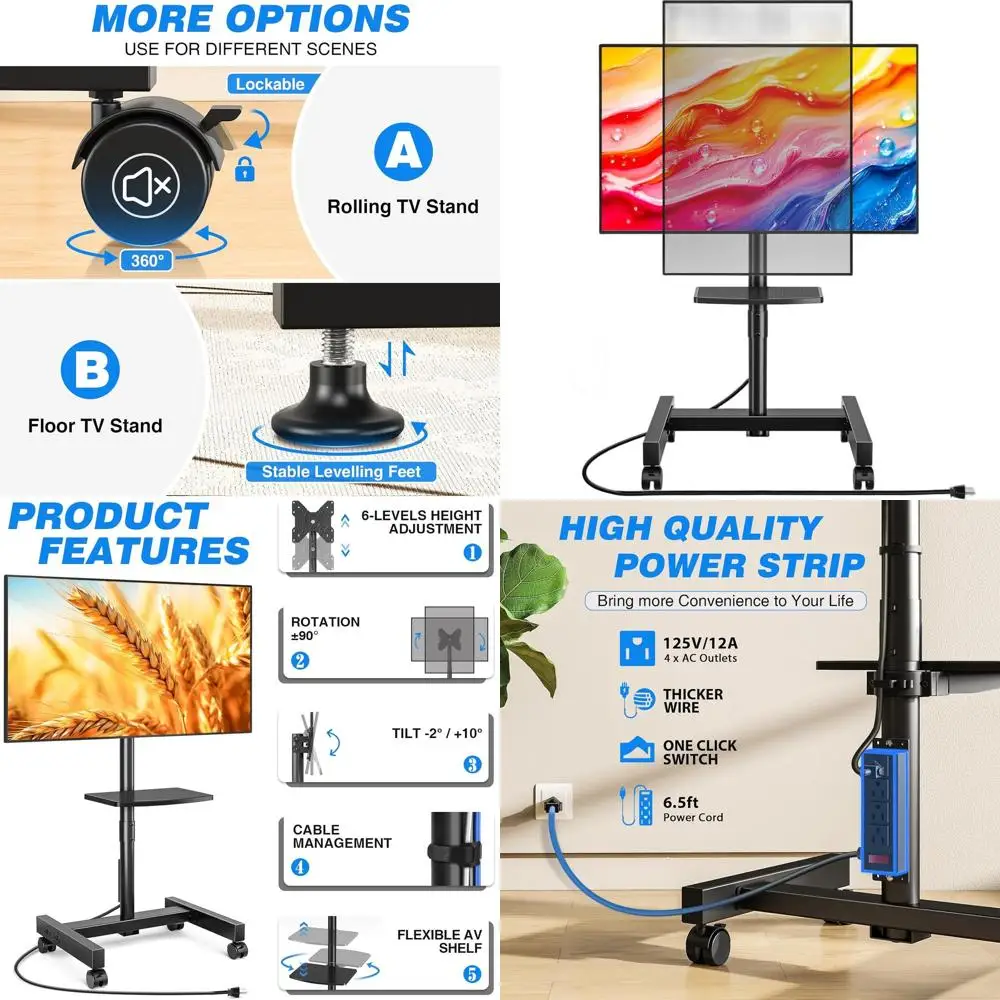 Rolling TV Stand with Power Outlet for 13-50 Inch TVs, Tilting and Rotating Mobile TV Cart up to 55 lbs, Portrait to Landscap, H
Rolling TV Stand with Power Outlet for 13-50 Inch TVs, Tilting and Rotating Mobile TV Cart up to 55 lbs, Portrait to Landscap, H