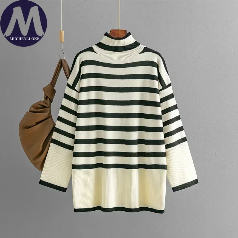 Women's High Neck Striped Knitted Sweater, Loose Thick Pullover, Warm, Casual, Fashionable, New, Autumn, Winter
Women's High Neck Striped Knitted Sweater, Loose Thick Pullover, Warm, Casual, Fashionable, New, Autumn, Winter