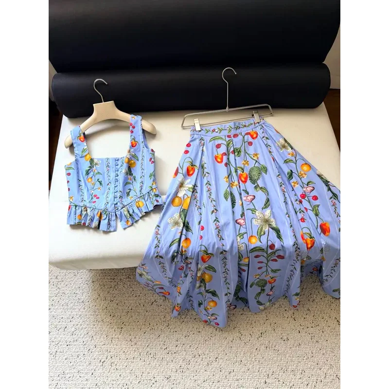 Fruit Flower Print Women Blue Set Single Breasted Square Collar Sleeveless Vest Top + Embroidery High Waist Long Skirt Suit
Fruit Flower Print Women Blue Set Single Breasted Square Collar Sleeveless Vest Top + Embroidery High Waist Long Skirt Suit