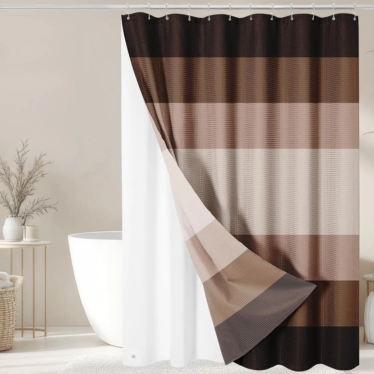 3-in-1 Shower Curtain Set, Brown Striped Waffle Fabric with PEVA Liner & 12 Hooks, 72x72 Inches, Waterproof & Rust-Resistant
3-in-1 Shower Curtain Set, Brown Striped Waffle Fabric with PEVA Liner & 12 Hooks, 72x72 Inches, Waterproof & Rust-Resistant