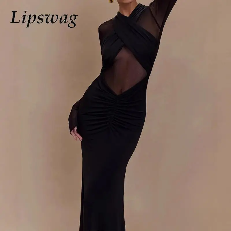 Transparent Sexy Thin Mesh Club Party Dress Elegant 2025 Long Sleeve Stitch Slim Maxi Dress Women Solid Cross Collar Gala Dress
Transparent Sexy Thin Mesh Club Party Dress Elegant 2025 Long Sleeve Stitch Slim Maxi Dress Women Solid Cross Collar Gala Dress