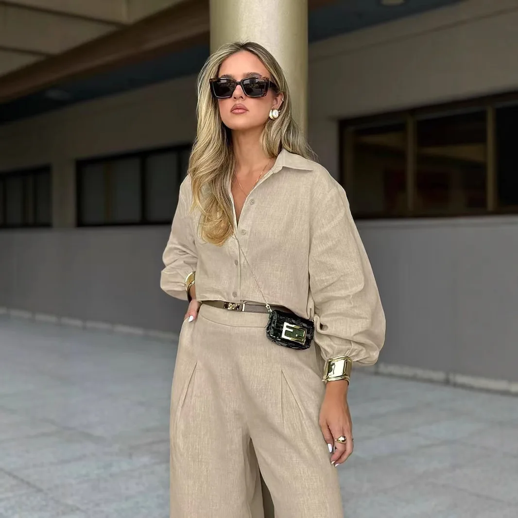 Spring/Summer 2025 New Collection: Elegant Cotton and Linen Casual Khaki Women's Loose Shirt Wide-leg Pants Two-piece Set
Spring/Summer 2025 New Collection: Elegant Cotton and Linen Casual Khaki Women's Loose Shirt Wide-leg Pants Two-piece Set