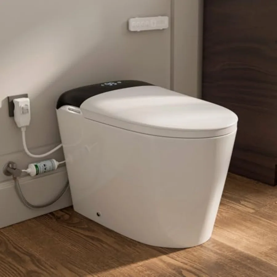 Smart toilet for home bathroom use, ceramic material, white color, featuring bidet, battery backup flush, foot kick activation,
Smart toilet for home bathroom use, ceramic material, white color, featuring bidet, battery backup flush, foot kick activation,