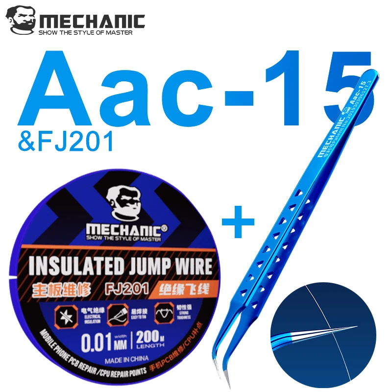 MECHANIC 2 Sets AAC-15 Stainless Steel Tweezers With FJ201 Jump Wire Ultra-fine Uninsulated 100M Long PCB Link For Phone Repair
MECHANIC 2 Sets AAC-15 Stainless Steel Tweezers With FJ201 Jump Wire Ultra-fine Uninsulated 100M Long PCB Link For Phone Repair