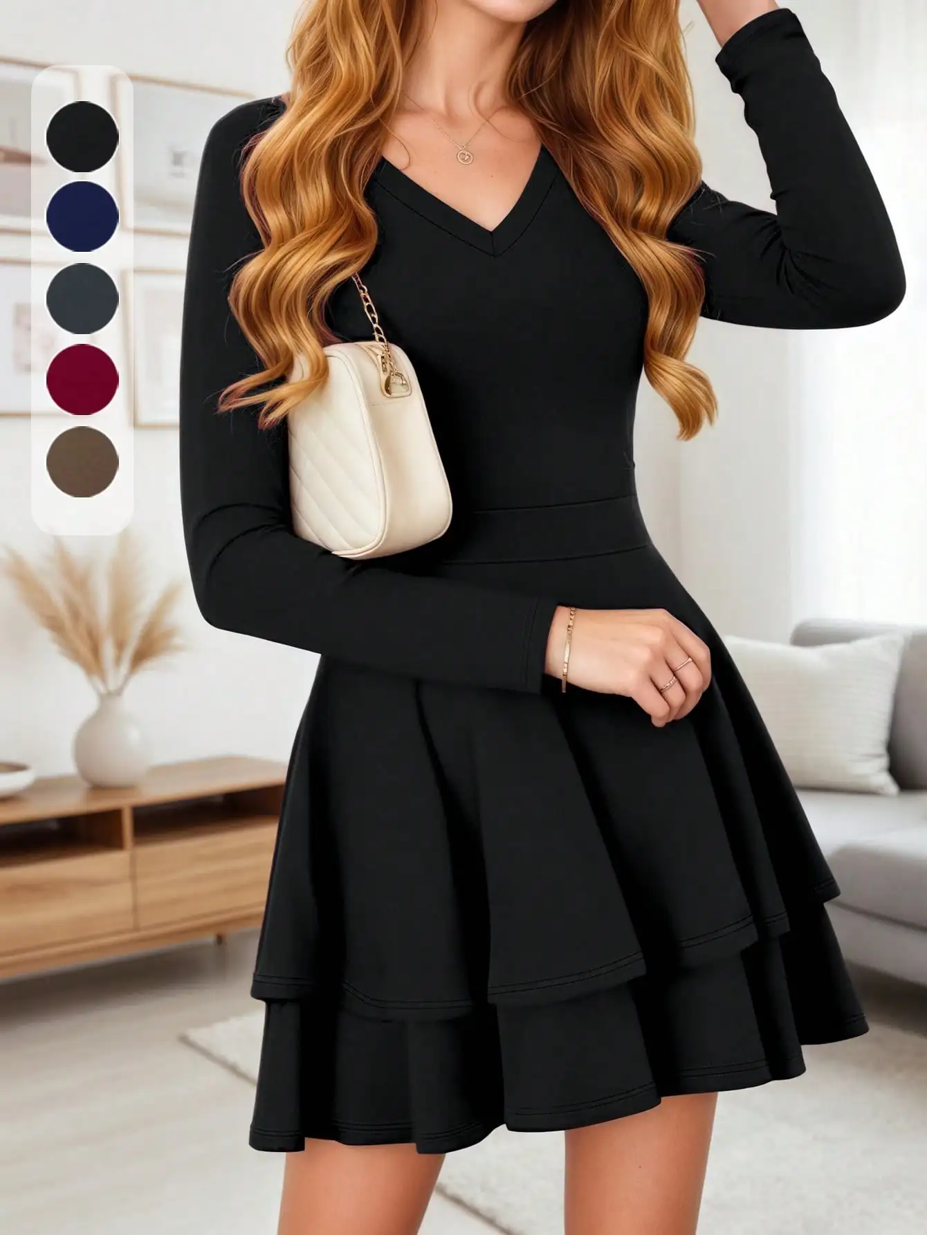 Женское платье с V-образным вырезом и длинными рукавами, многоярусной юбкой, приталенное, однотонное, элегантное для вечеринок и осенних мероприятий
Женское платье с V-образным вырезом и длинными рукавами, многоярусной юбкой, приталенное, однотонное, элегантное для вечеринок и осенних мероприятий