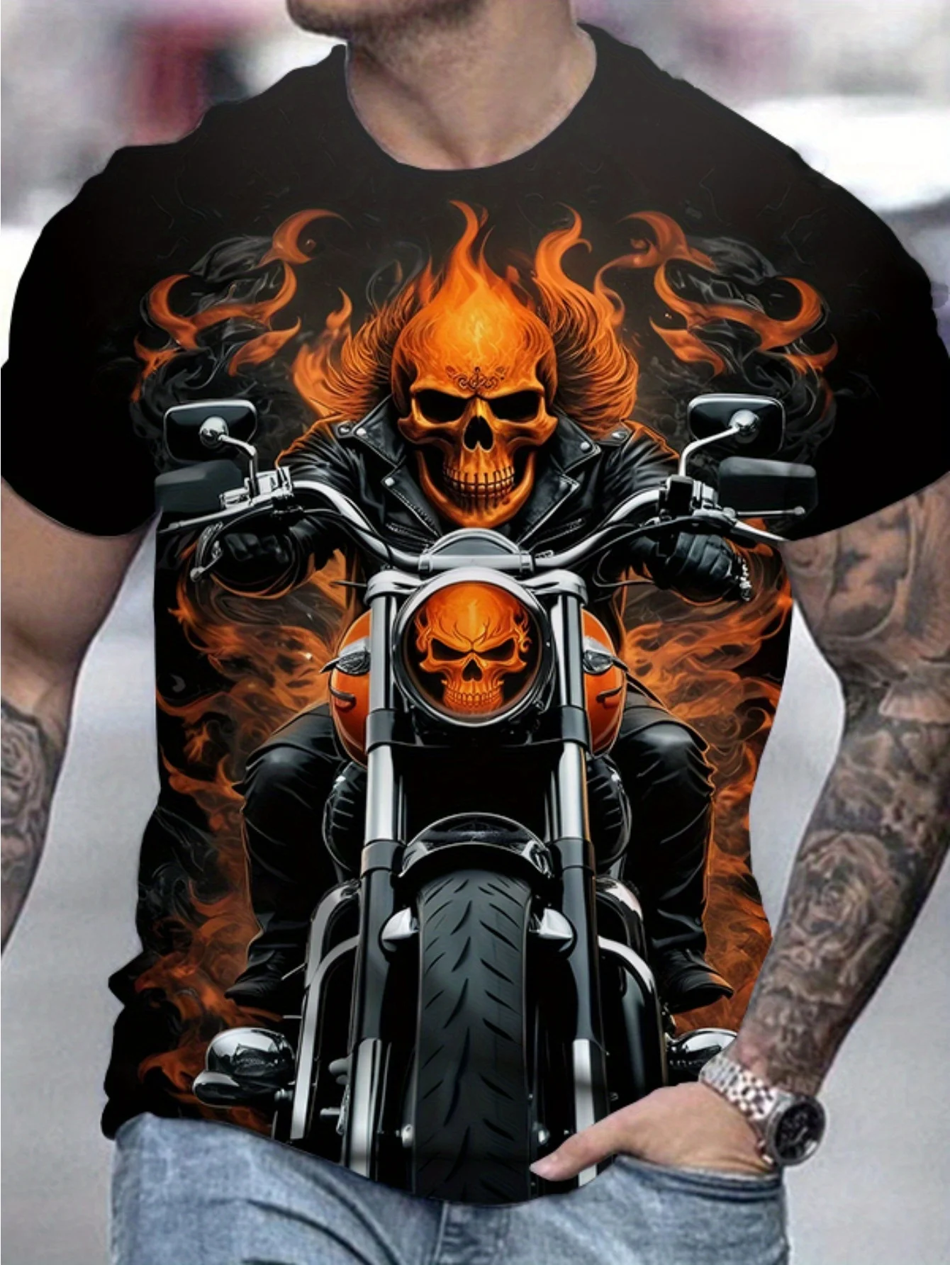 Men's Halloween Skull Motorcycle Print Crew Neck Casual T-Shirt, Slight Stretch Knit Fabric, Regular Fit Short- for Summer
Men's Halloween Skull Motorcycle Print Crew Neck Casual T-Shirt, Slight Stretch Knit Fabric, Regular Fit Short- for Summer