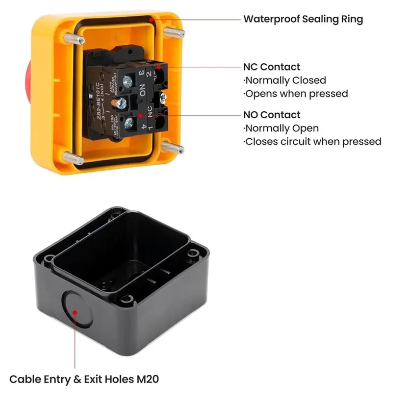 E-Stop Push Button Switch, Emergency Stop 660V 10A Red Mushroom Head Weatherproof Switch With Box(1NO 1NC)
E-Stop Push Button Switch, Emergency Stop 660V 10A Red Mushroom Head Weatherproof Switch With Box(1NO 1NC)