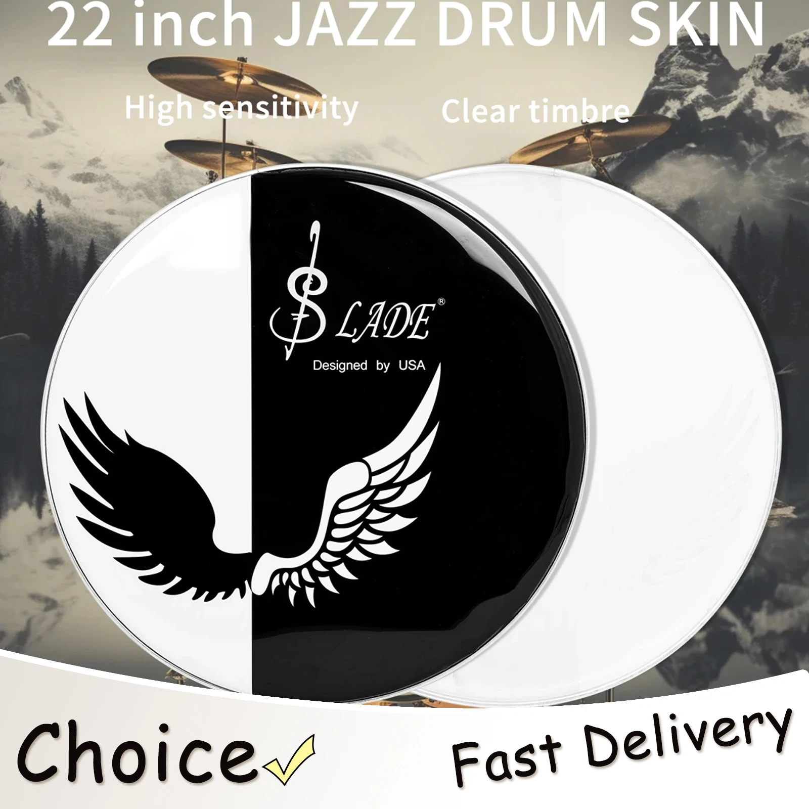 SLADE 22-дюймовый барабан, кожаная полиэфирная пленка, черно-белая двойная лента, крыло, поверхность барабана, перкуссия, музыкальные инструменты
SLADE 22-дюймовый барабан, кожаная полиэфирная пленка, черно-белая двойная лента, крыло, поверхность барабана, перкуссия, музыкальные инструменты