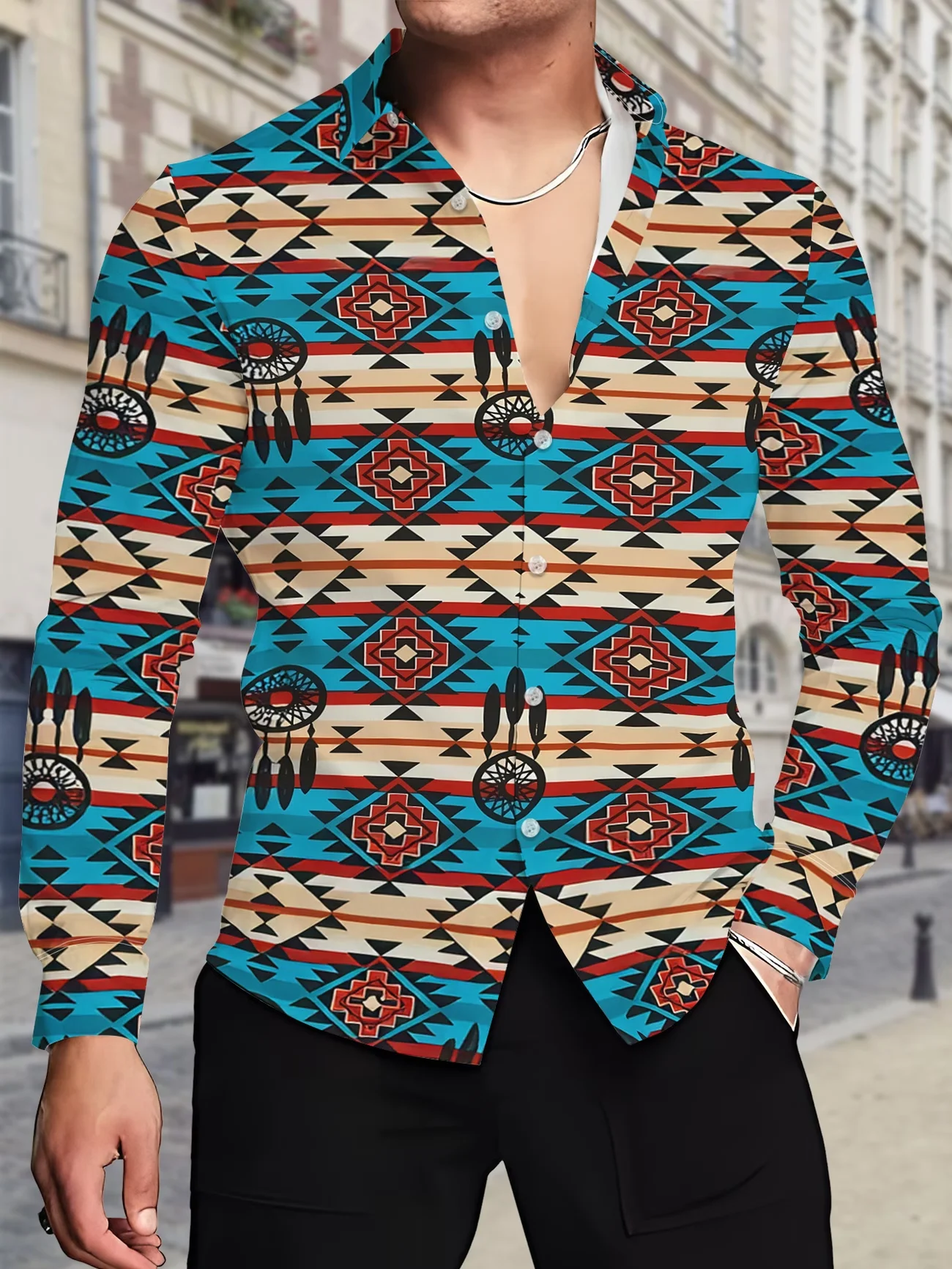 New Navajo style turquoise cross print men's long sleeved shirt Western denim style slim fit casual floral shirt
New Navajo style turquoise cross print men's long sleeved shirt Western denim style slim fit casual floral shirt